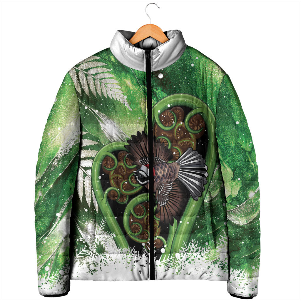 Piwakawaka New Zealand Christmas In July Padded Jacket NZ Aroha Koru Fern Marble Vibes