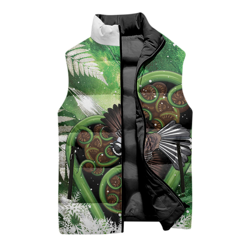Piwakawaka New Zealand Christmas In July Sleeveless Puffer Jacket NZ Aroha Koru Fern Marble Vibes