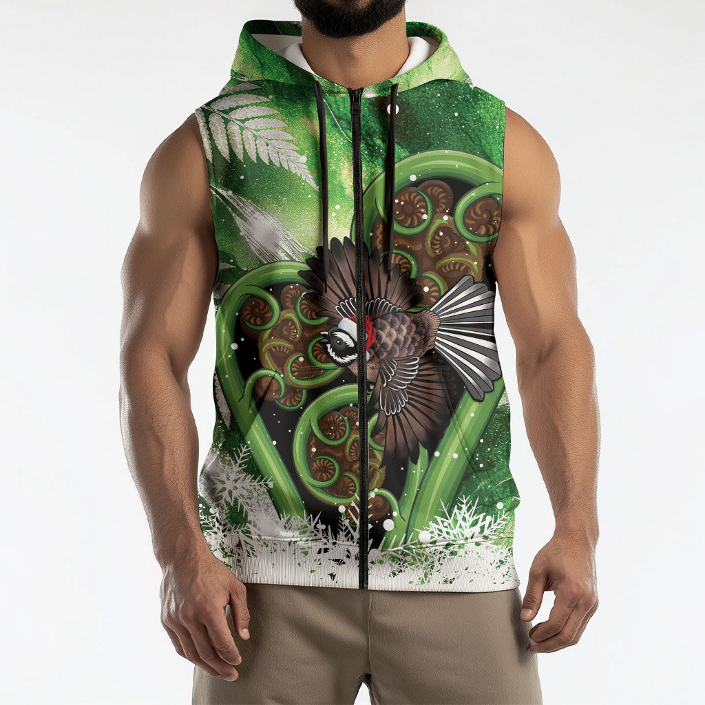 Piwakawaka New Zealand Christmas In July Sleeveless Zip Hoodie NZ Aroha Koru Fern Marble Vibes