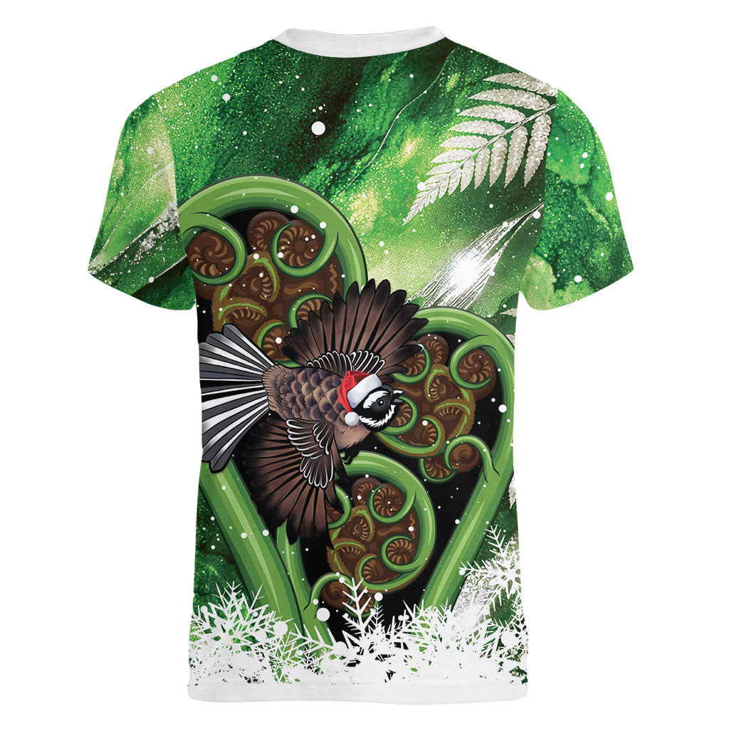 Piwakawaka New Zealand Christmas In July Women V-Neck T-Shirt NZ Aroha Koru Fern Marble Vibes