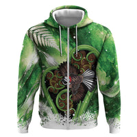 Piwakawaka New Zealand Christmas In July Zip Hoodie NZ Aroha Koru Fern Marble Vibes