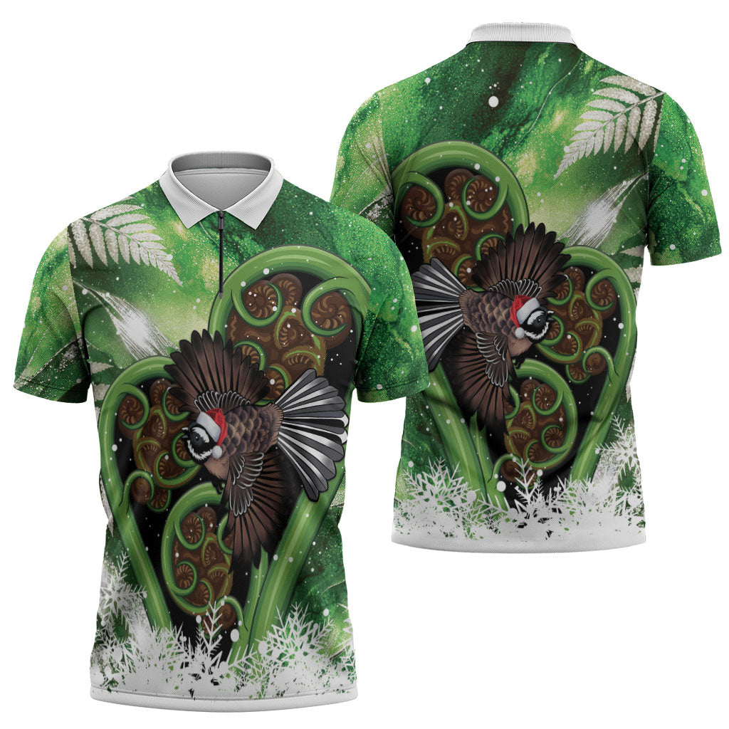 Piwakawaka New Zealand Christmas In July Zipper Polo Shirt NZ Aroha Koru Fern Marble Vibes