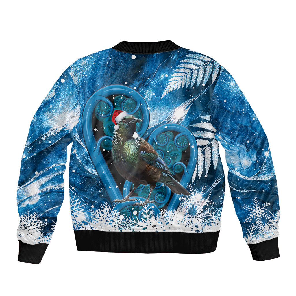 Tui Bird New Zealand Christmas In July Bomber Jacket NZ Aroha Koru Fern Marble Vibes
