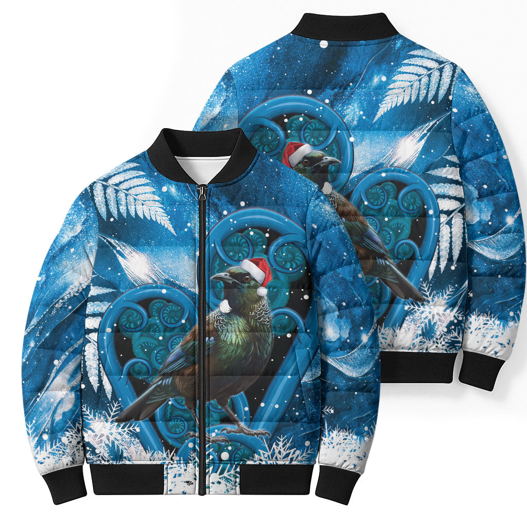 Tui Bird New Zealand Christmas In July Bomber Puffer Jacket NZ Aroha Koru Fern Marble Vibes