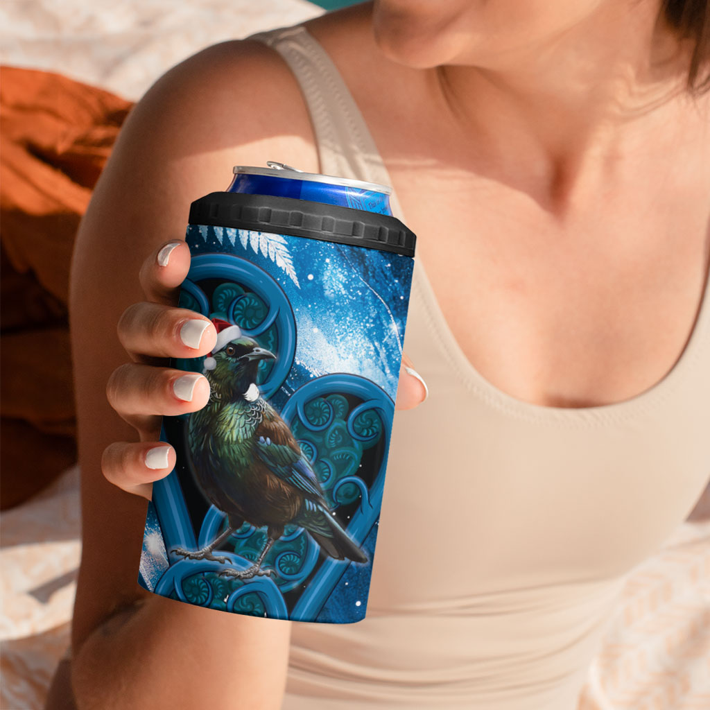 Tui Bird New Zealand Christmas In July 4 in 1 Can Cooler Tumbler NZ Aroha Koru Fern Marble Vibes