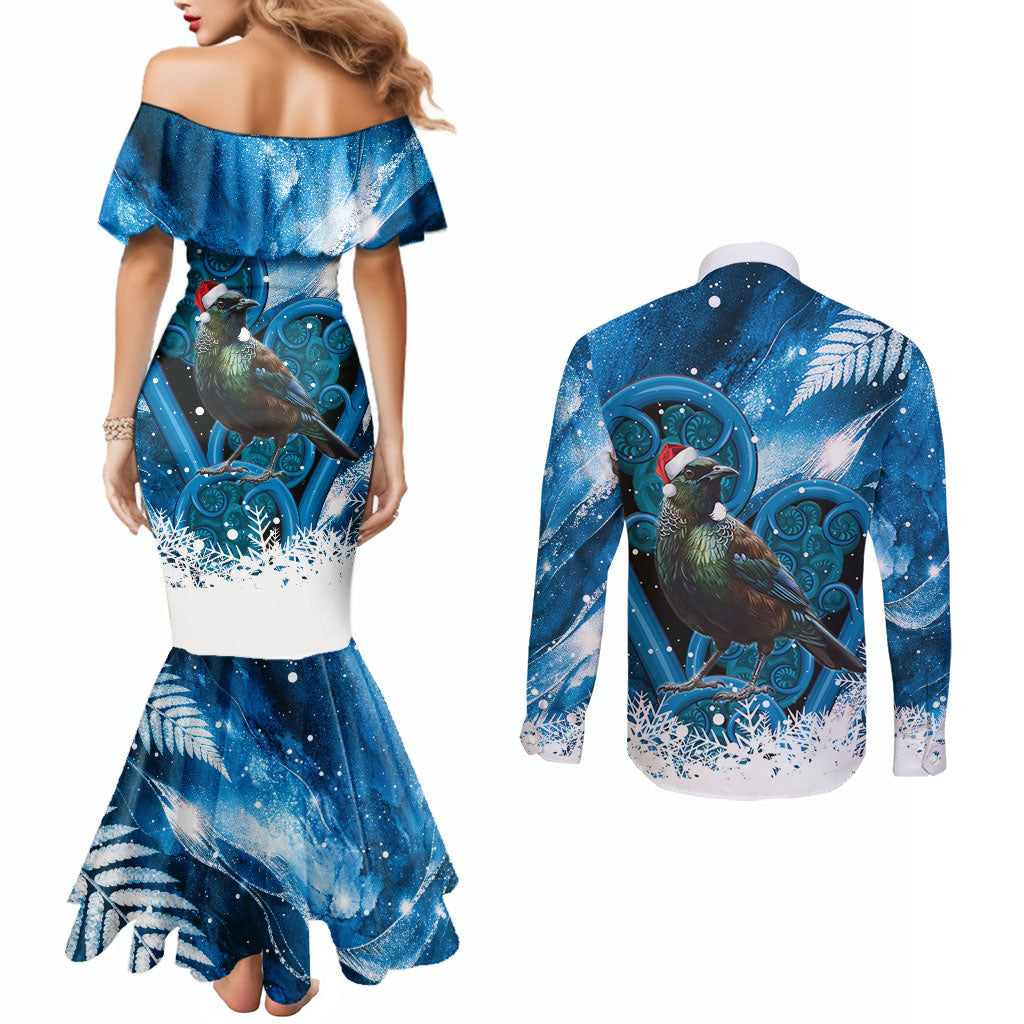 Tui Bird New Zealand Christmas In July Couples Matching Mermaid Dress and Long Sleeve Button Shirt NZ Aroha Koru Fern Marble Vibes