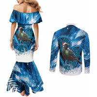 Tui Bird New Zealand Christmas In July Couples Matching Mermaid Dress and Long Sleeve Button Shirt NZ Aroha Koru Fern Marble Vibes