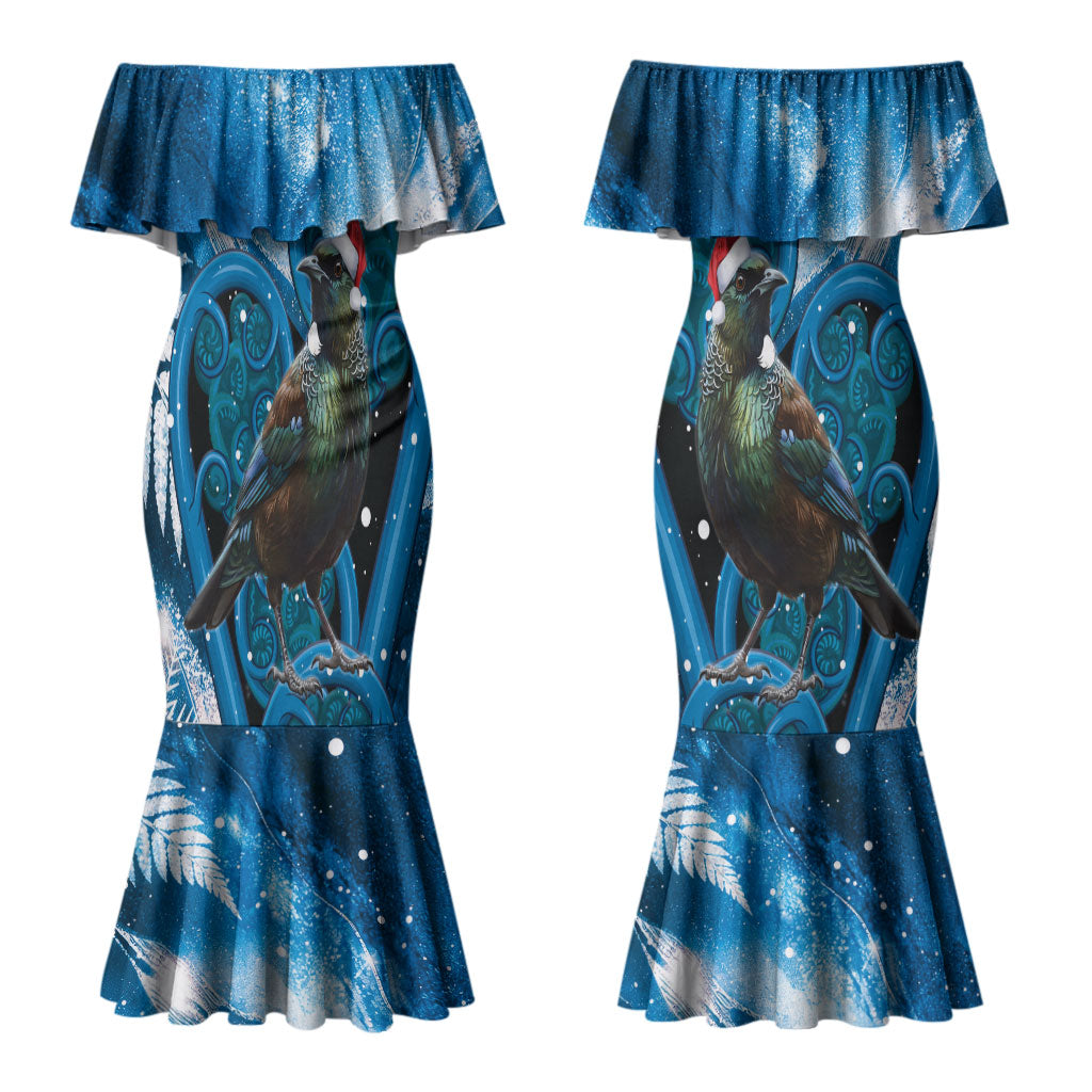 Tui Bird New Zealand Christmas In July Couples Matching Mermaid Dress and Long Sleeve Button Shirt NZ Aroha Koru Fern Marble Vibes LT14 - Polynesian Pride