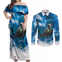 Tui Bird New Zealand Christmas In July Couples Matching Off Shoulder Maxi Dress and Long Sleeve Button Shirt NZ Aroha Koru Fern Marble Vibes