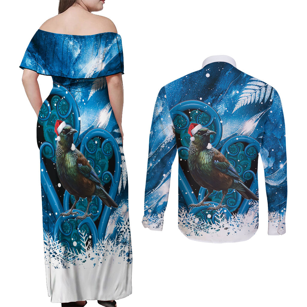 Tui Bird New Zealand Christmas In July Couples Matching Off Shoulder Maxi Dress and Long Sleeve Button Shirt NZ Aroha Koru Fern Marble Vibes