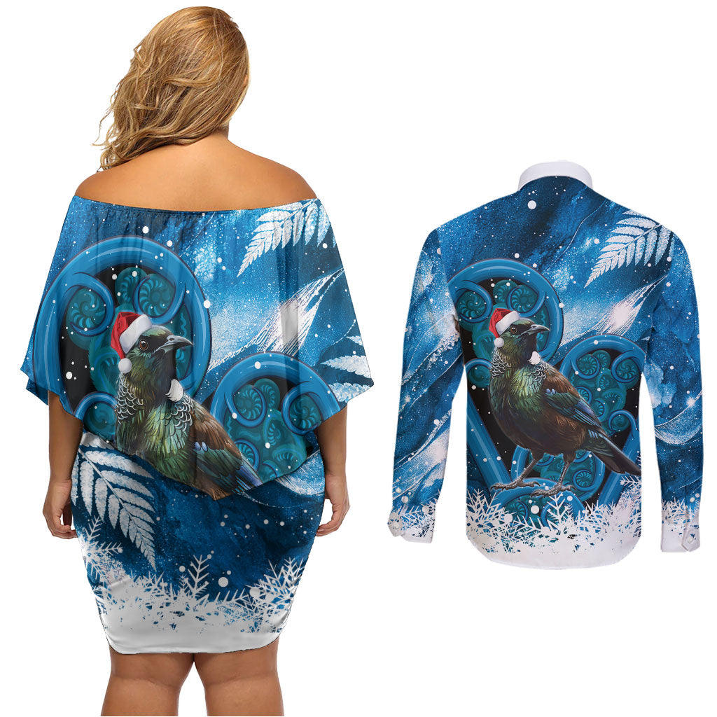 Tui Bird New Zealand Christmas In July Couples Matching Off Shoulder Short Dress and Long Sleeve Button Shirt NZ Aroha Koru Fern Marble Vibes
