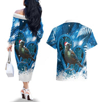 Tui Bird New Zealand Christmas In July Couples Matching Off The Shoulder Long Sleeve Dress and Hawaiian Shirt NZ Aroha Koru Fern Marble Vibes