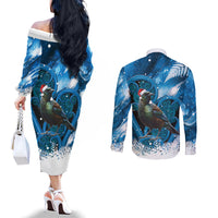 Tui Bird New Zealand Christmas In July Couples Matching Off The Shoulder Long Sleeve Dress and Long Sleeve Button Shirt NZ Aroha Koru Fern Marble Vibes