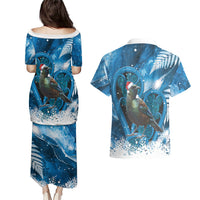 Tui Bird New Zealand Christmas In July Couples Matching Puletasi and Hawaiian Shirt NZ Aroha Koru Fern Marble Vibes