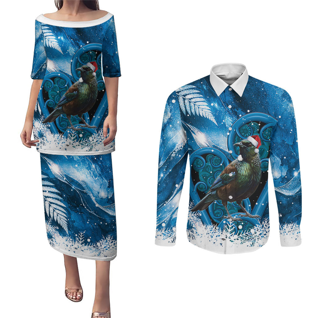 Tui Bird New Zealand Christmas In July Couples Matching Puletasi and Long Sleeve Button Shirt NZ Aroha Koru Fern Marble Vibes