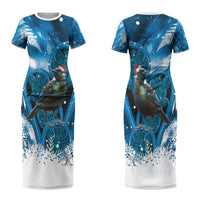Tui Bird New Zealand Christmas In July Couples Matching Short Sleeve Bodycon Dress and Long Sleeve Button Shirt NZ Aroha Koru Fern Marble Vibes LT14 - Polynesian Pride