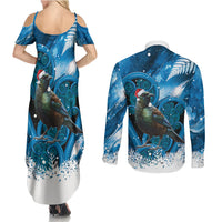 Tui Bird New Zealand Christmas In July Couples Matching Summer Maxi Dress and Long Sleeve Button Shirt NZ Aroha Koru Fern Marble Vibes