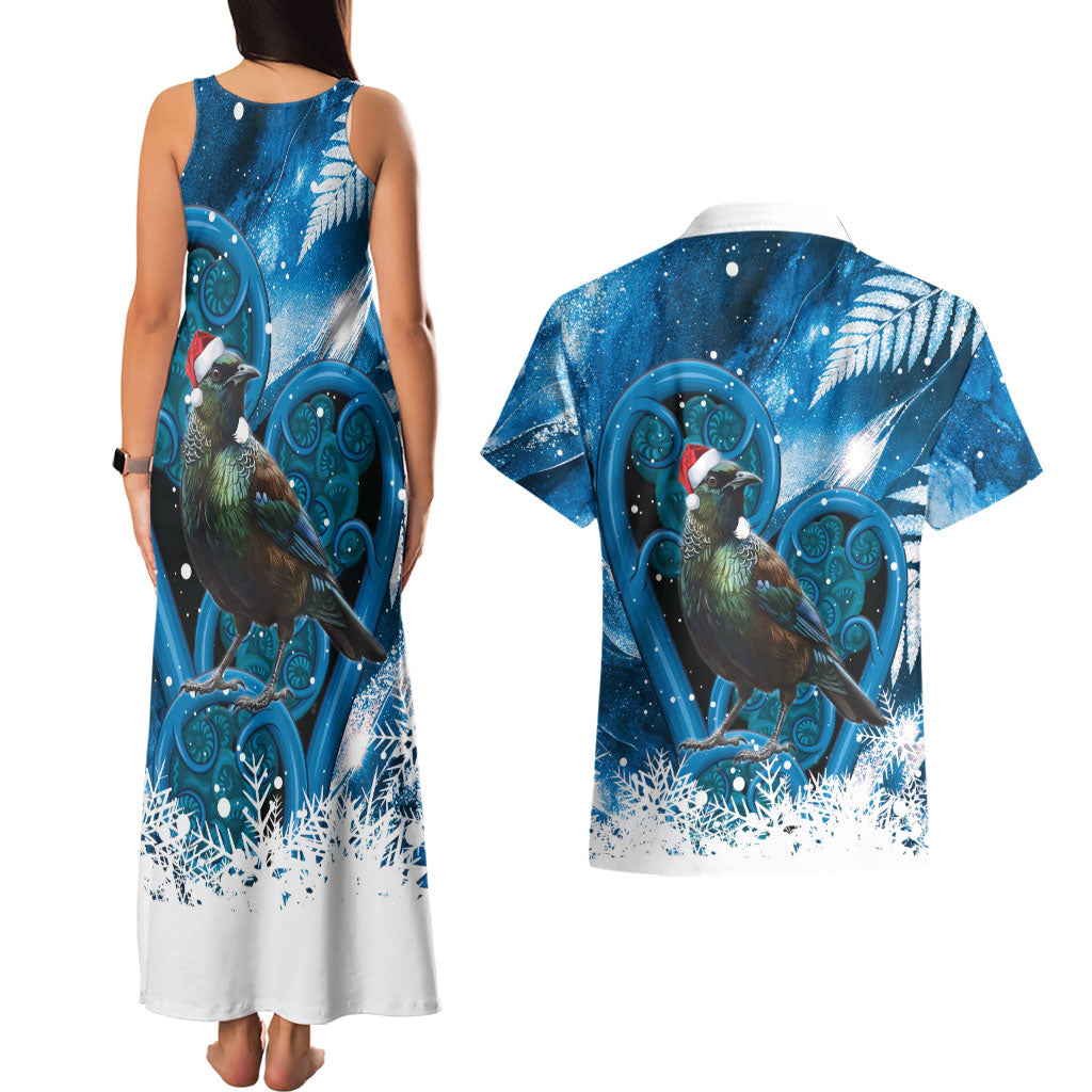 Tui Bird New Zealand Christmas In July Couples Matching Tank Maxi Dress and Hawaiian Shirt NZ Aroha Koru Fern Marble Vibes