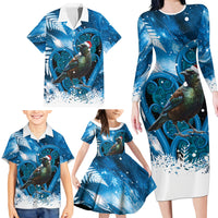 Tui Bird New Zealand Christmas In July Family Matching Long Sleeve Bodycon Dress and Hawaiian Shirt NZ Aroha Koru Fern Marble Vibes