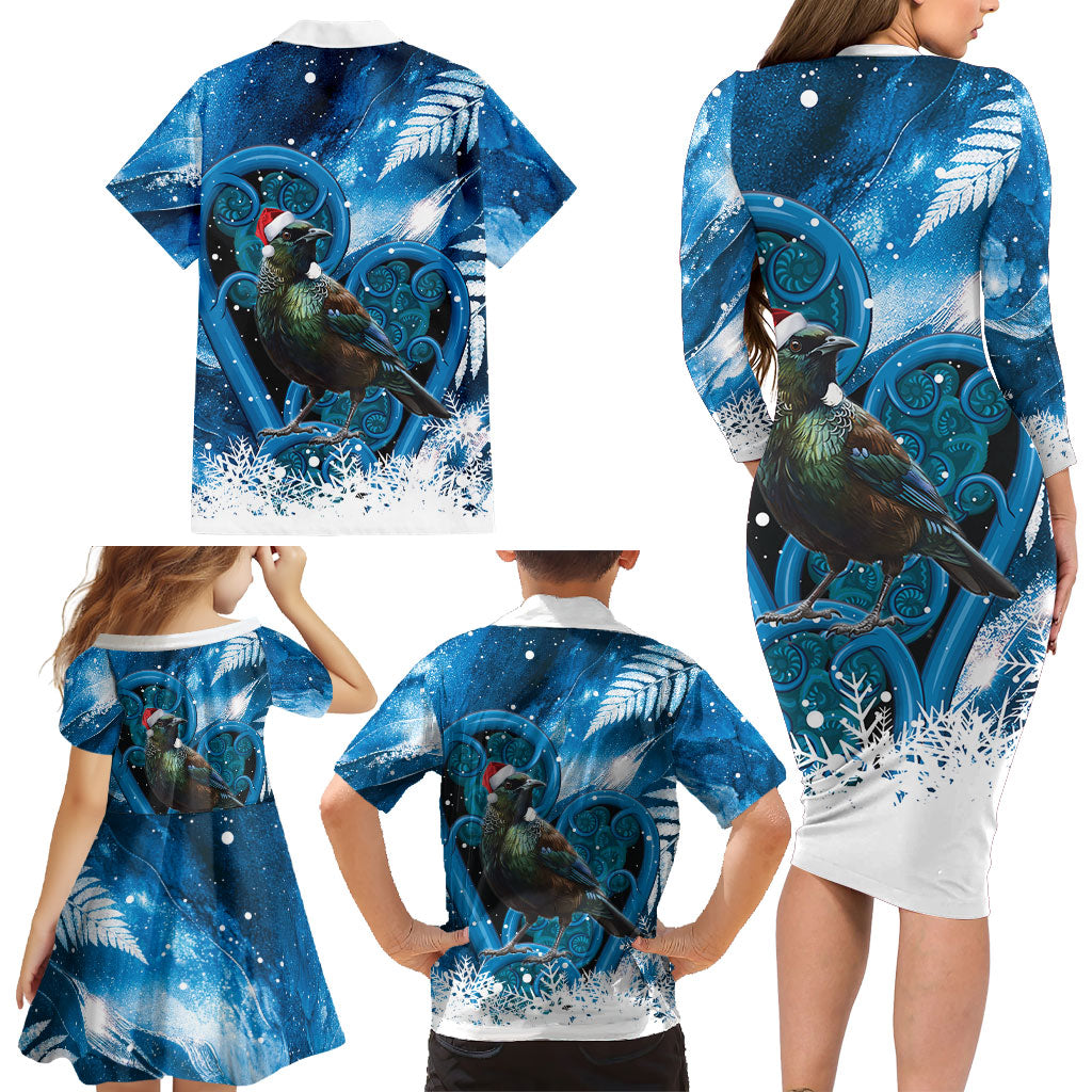 Tui Bird New Zealand Christmas In July Family Matching Long Sleeve Bodycon Dress and Hawaiian Shirt NZ Aroha Koru Fern Marble Vibes