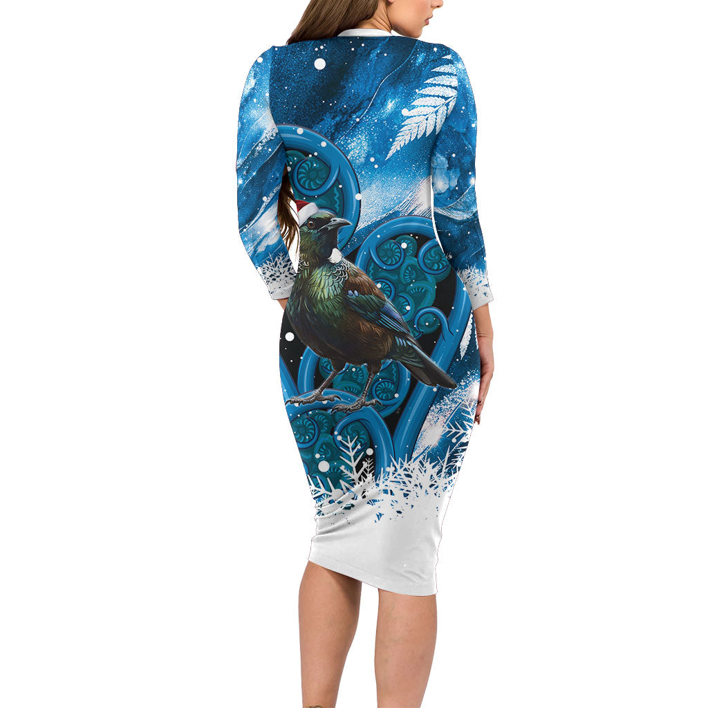 Tui Bird New Zealand Christmas In July Family Matching Long Sleeve Bodycon Dress and Hawaiian Shirt NZ Aroha Koru Fern Marble Vibes