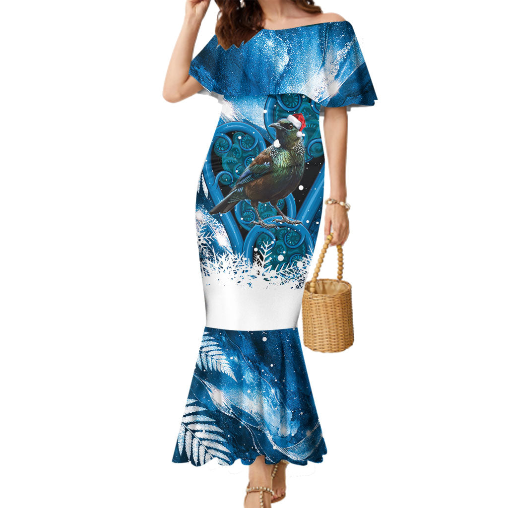 Tui Bird New Zealand Christmas In July Family Matching Mermaid Dress and Hawaiian Shirt NZ Aroha Koru Fern Marble Vibes