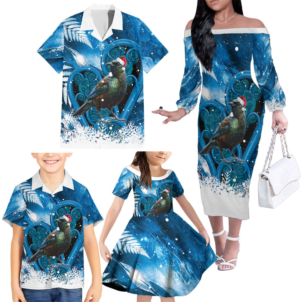 Tui Bird New Zealand Christmas In July Family Matching Off The Shoulder Long Sleeve Dress and Hawaiian Shirt NZ Aroha Koru Fern Marble Vibes