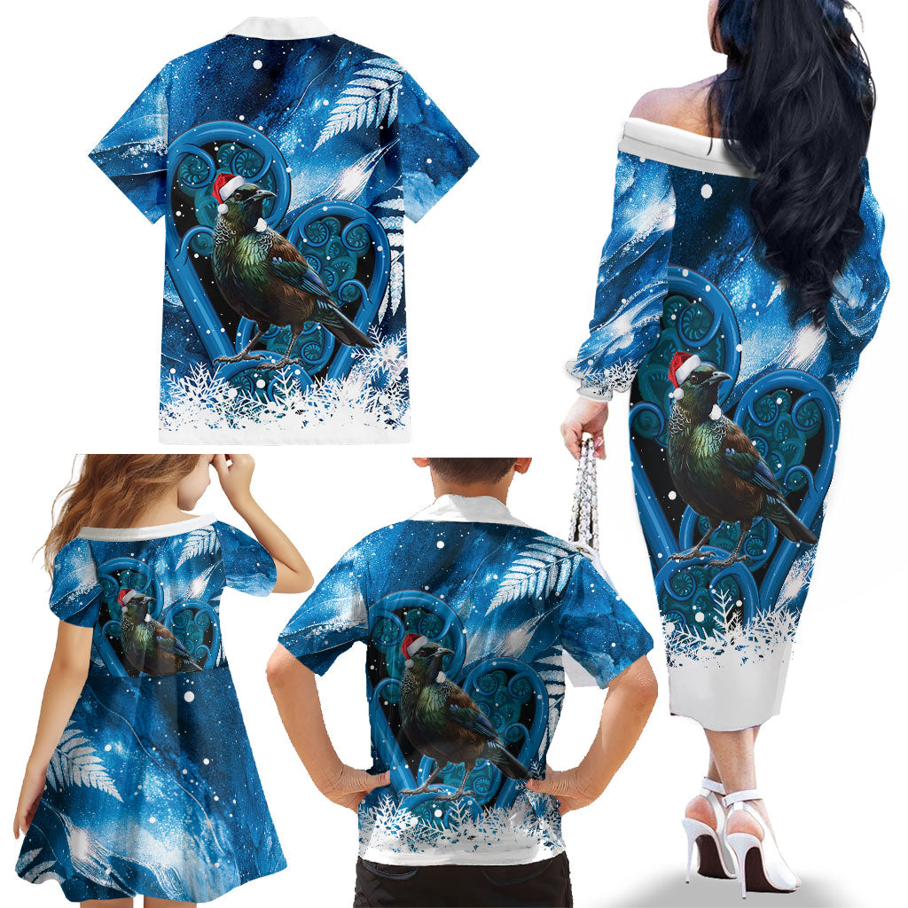Tui Bird New Zealand Christmas In July Family Matching Off The Shoulder Long Sleeve Dress and Hawaiian Shirt NZ Aroha Koru Fern Marble Vibes