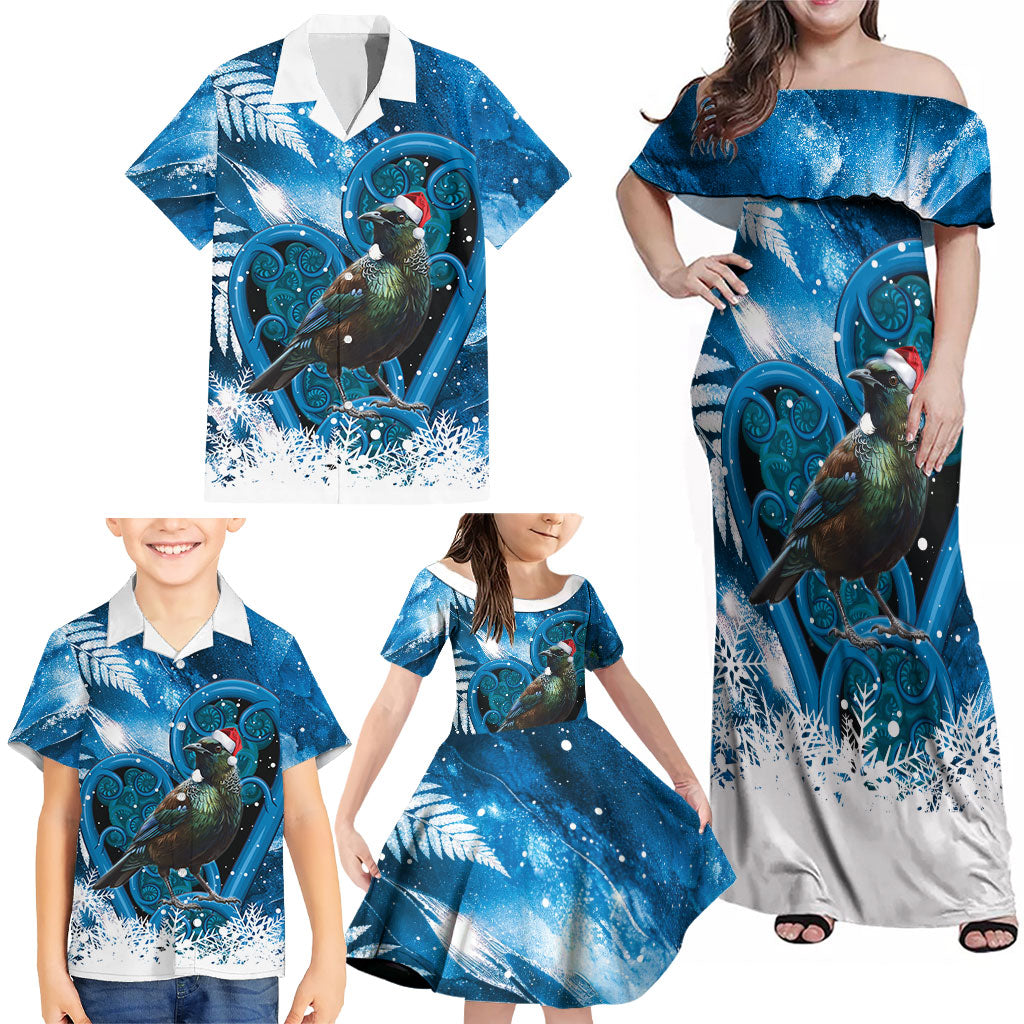 Tui Bird New Zealand Christmas In July Family Matching Off Shoulder Maxi Dress and Hawaiian Shirt NZ Aroha Koru Fern Marble Vibes