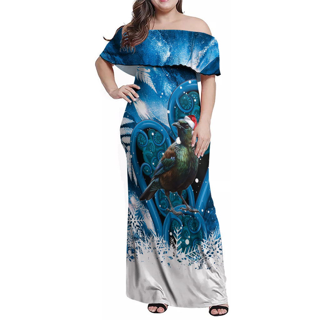 Tui Bird New Zealand Christmas In July Family Matching Off Shoulder Maxi Dress and Hawaiian Shirt NZ Aroha Koru Fern Marble Vibes