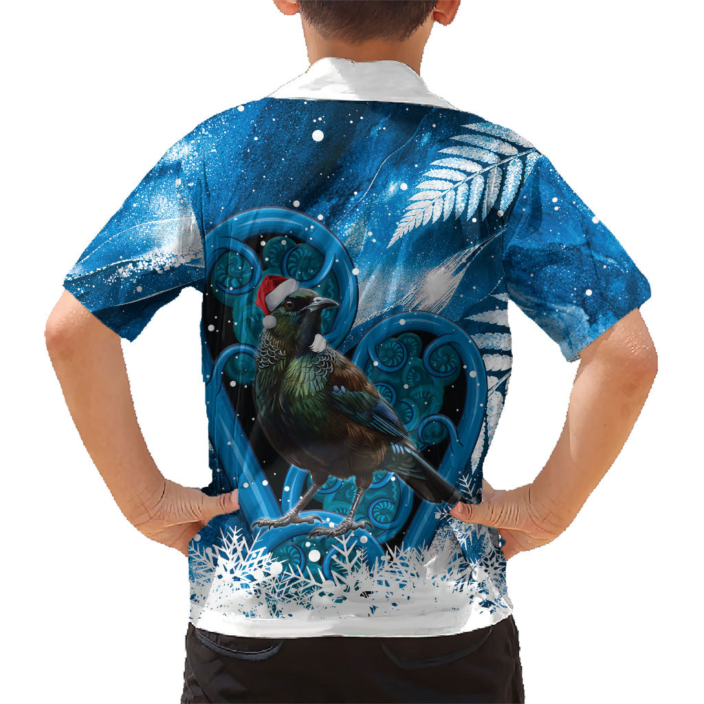 Tui Bird New Zealand Christmas In July Family Matching Off Shoulder Short Dress and Hawaiian Shirt NZ Aroha Koru Fern Marble Vibes