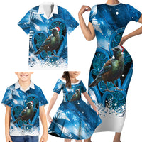 Tui Bird New Zealand Christmas In July Family Matching Short Sleeve Bodycon Dress and Hawaiian Shirt NZ Aroha Koru Fern Marble Vibes