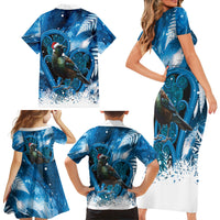 Tui Bird New Zealand Christmas In July Family Matching Short Sleeve Bodycon Dress and Hawaiian Shirt NZ Aroha Koru Fern Marble Vibes