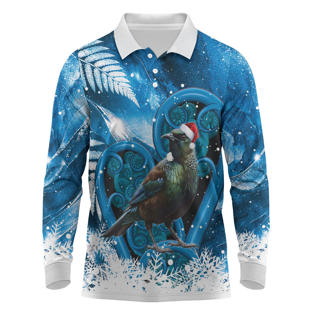 Tui Bird New Zealand Christmas In July Long Sleeve Polo Shirt NZ Aroha Koru Fern Marble Vibes