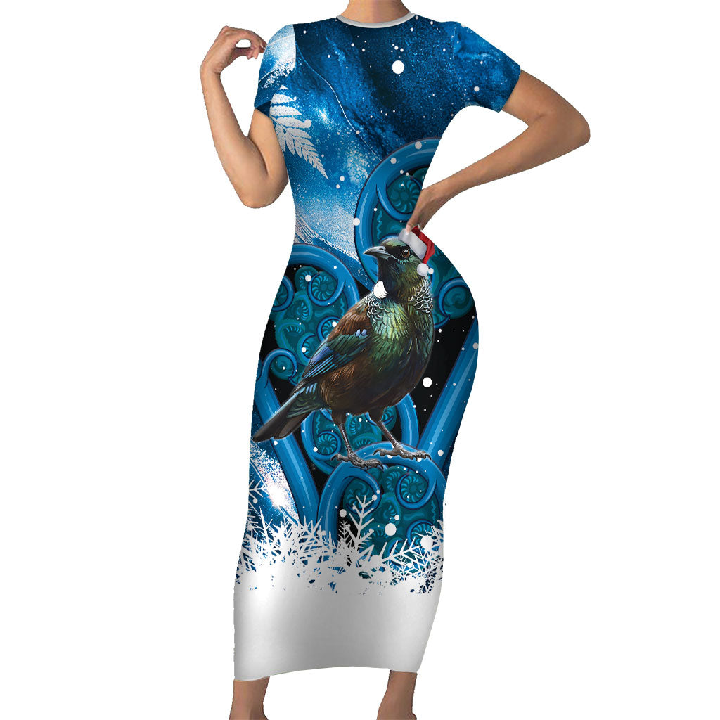 Tui Bird New Zealand Christmas In July Short Sleeve Bodycon Dress NZ Aroha Koru Fern Marble Vibes