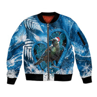 Tui Bird New Zealand Christmas In July Sleeve Zip Bomber Jacket NZ Aroha Koru Fern Marble Vibes