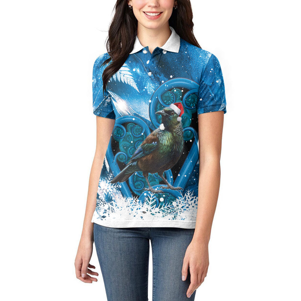 Tui Bird New Zealand Christmas In July Women Polo Shirt NZ Aroha Koru Fern Marble Vibes