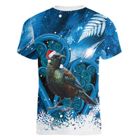Tui Bird New Zealand Christmas In July Women V-Neck T-Shirt NZ Aroha Koru Fern Marble Vibes