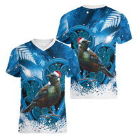 Tui Bird New Zealand Christmas In July Women V-Neck T-Shirt NZ Aroha Koru Fern Marble Vibes