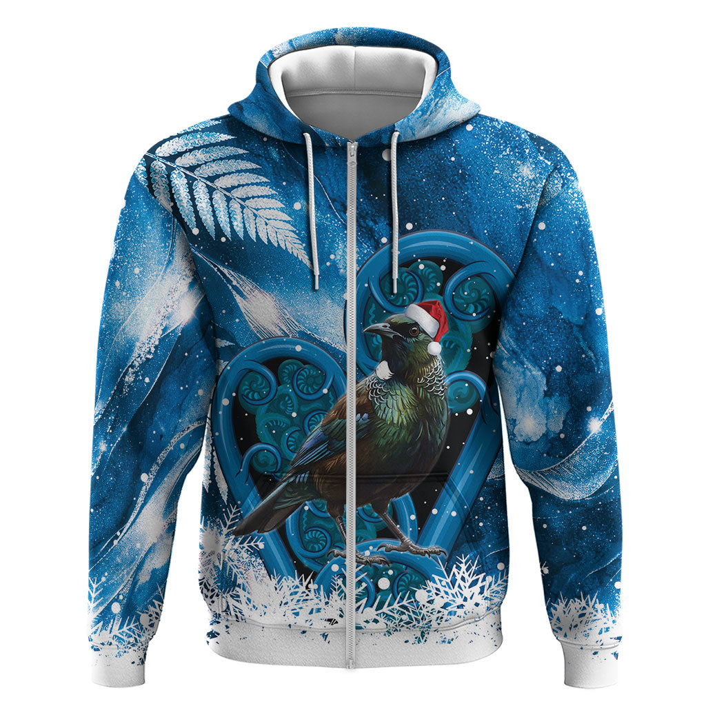 Tui Bird New Zealand Christmas In July Zip Hoodie NZ Aroha Koru Fern Marble Vibes
