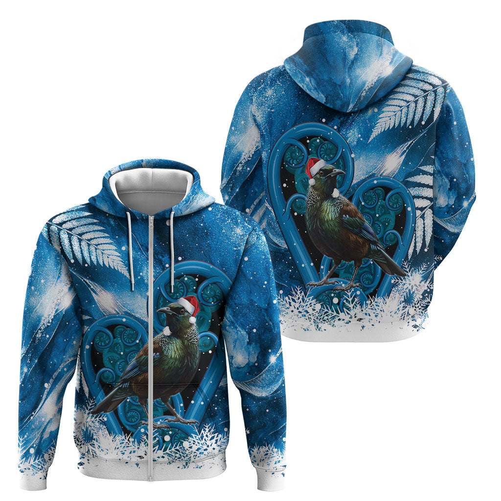 Tui Bird New Zealand Christmas In July Zip Hoodie NZ Aroha Koru Fern Marble Vibes