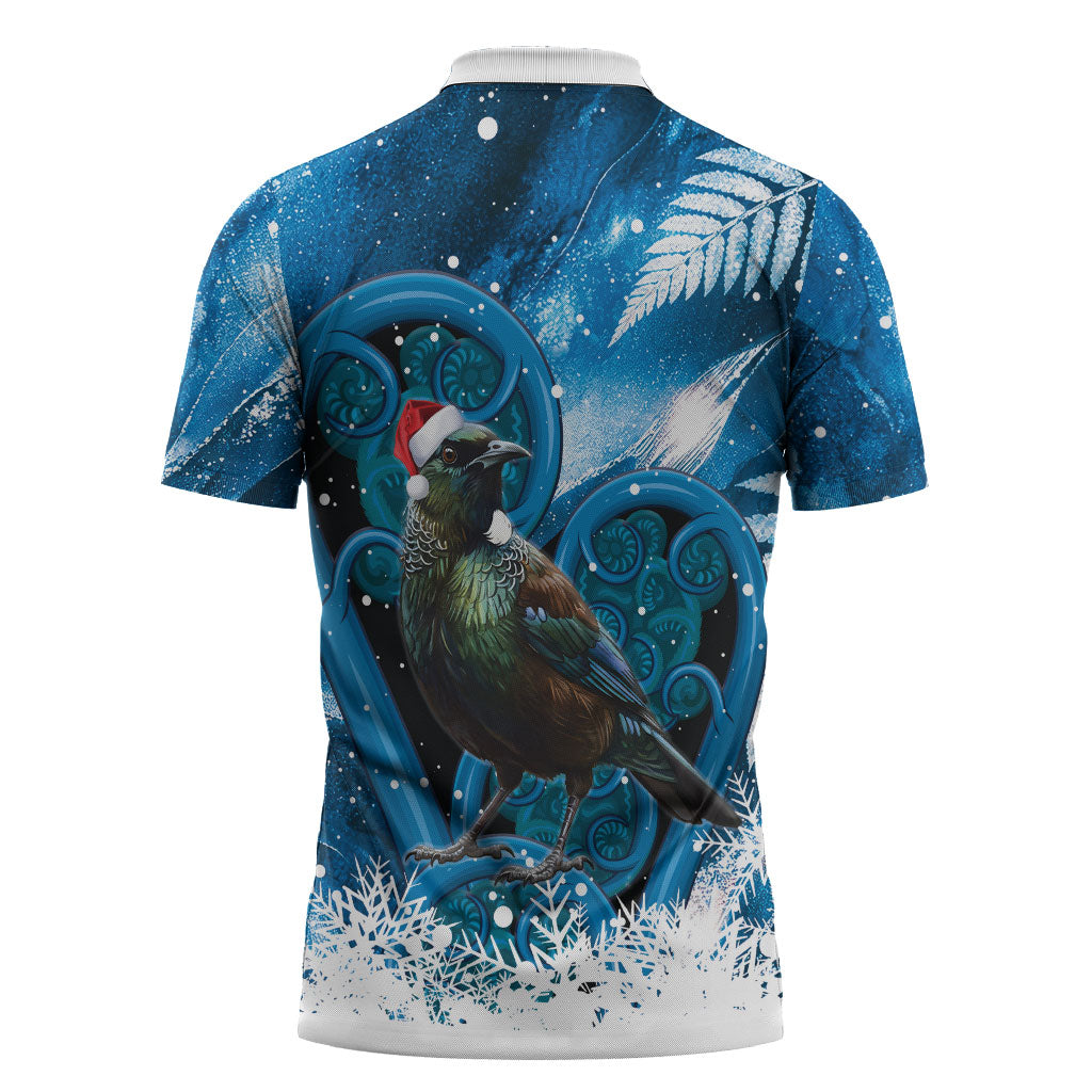Tui Bird New Zealand Christmas In July Zipper Polo Shirt NZ Aroha Koru Fern Marble Vibes