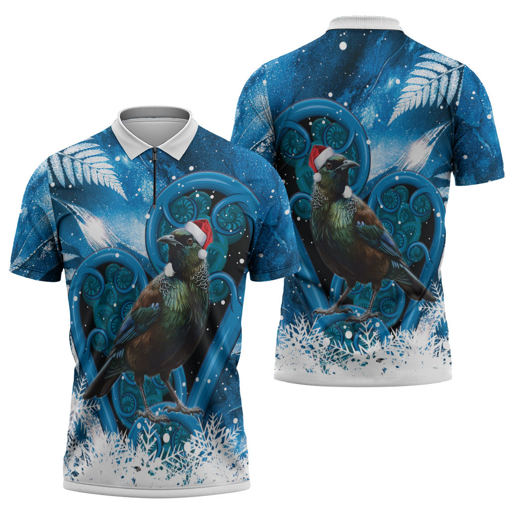 Tui Bird New Zealand Christmas In July Zipper Polo Shirt NZ Aroha Koru Fern Marble Vibes