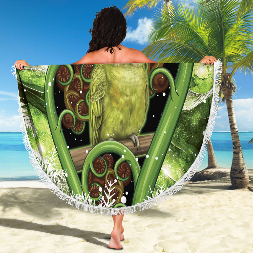 Kakapo New Zealand Christmas In July Beach Blanket NZ Aroha Koru Fern Marble Vibes