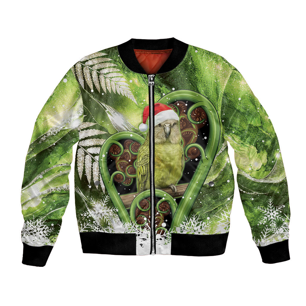 Kakapo New Zealand Christmas In July Bomber Jacket NZ Aroha Koru Fern Marble Vibes