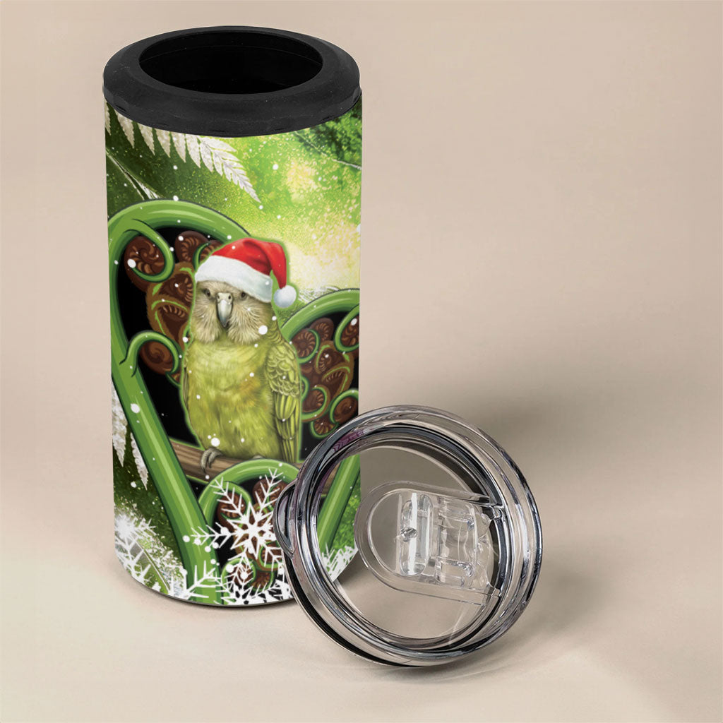 Kakapo New Zealand Christmas In July 4 in 1 Can Cooler Tumbler NZ Aroha Koru Fern Marble Vibes
