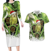 Kakapo New Zealand Christmas In July Couples Matching Long Sleeve Bodycon Dress and Hawaiian Shirt NZ Aroha Koru Fern Marble Vibes