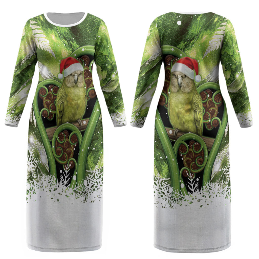 Kakapo New Zealand Christmas In July Couples Matching Long Sleeve Bodycon Dress and Hawaiian Shirt NZ Aroha Koru Fern Marble Vibes LT14 - Polynesian Pride