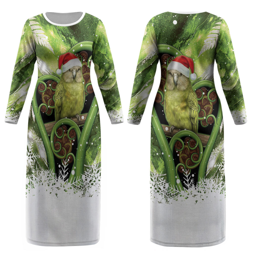 Kakapo New Zealand Christmas In July Couples Matching Long Sleeve Bodycon Dress and Long Sleeve Button Shirt NZ Aroha Koru Fern Marble Vibes LT14 - Polynesian Pride
