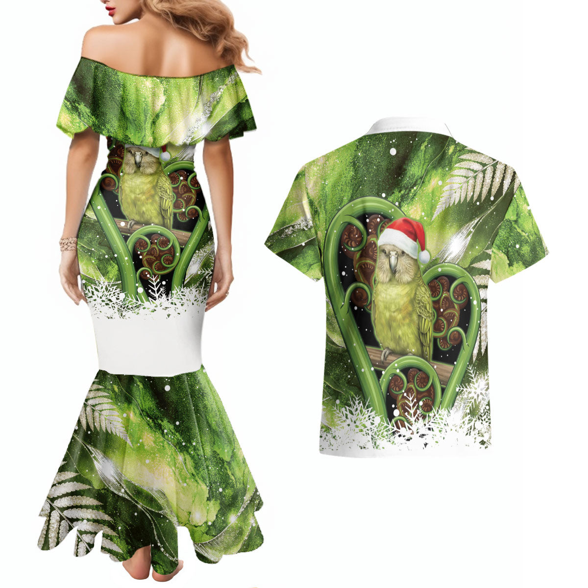 Kakapo New Zealand Christmas In July Couples Matching Mermaid Dress and Hawaiian Shirt NZ Aroha Koru Fern Marble Vibes
